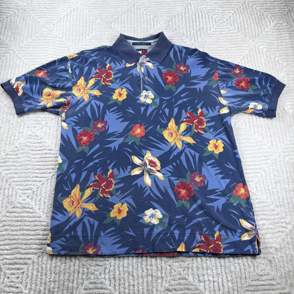 Vintage Tommy Hilfiger Polo Shirt Mens L Blue Tropical Floral Hawaiian Pique 90s
